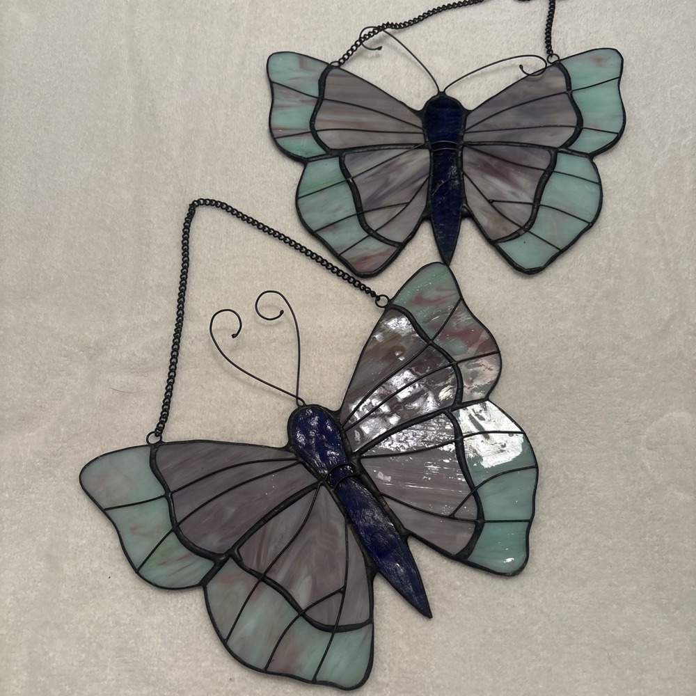 Set of 2 STAINED LEADED ART GLASS BUTTERFLY WINDOW SUNCATCHER Blue Green